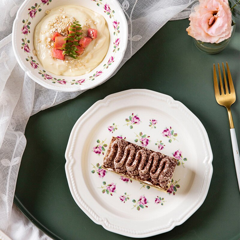 Ceramic Plate Set Dish Plate Bowl Set Dining Table Tableware Plate European Retro Rose Print Steak Dessert Fruit Dinnerware Set