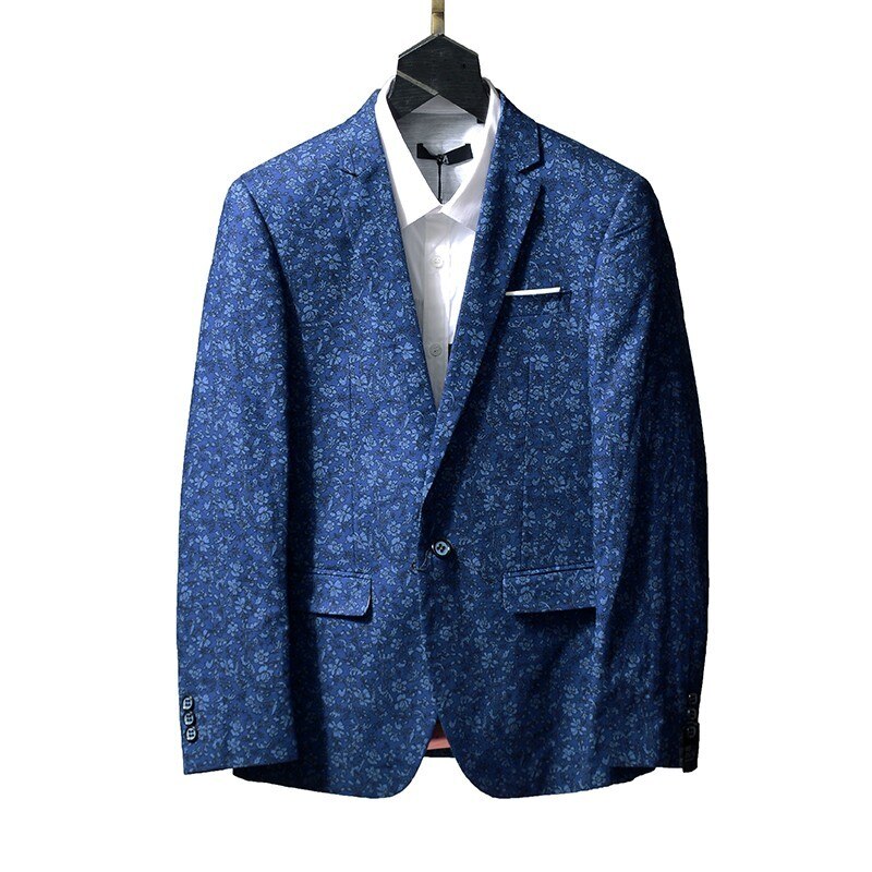 Men Slim Casual Blazer Spring Autumn Blue Printed Suit Jacket Turn-Down Collar Single Button Business Party Formal Coat: 175