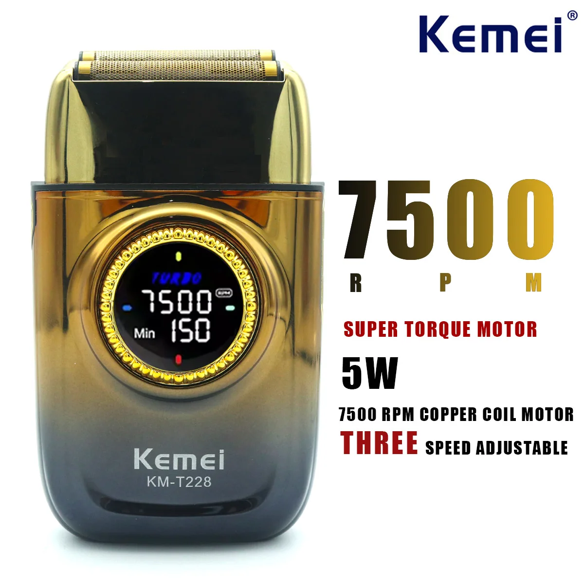 Kemei KM-T228 Men's Shaving Machine LED Display Double Foil Cordless Oil Head USB Electric Shaver Foil Male