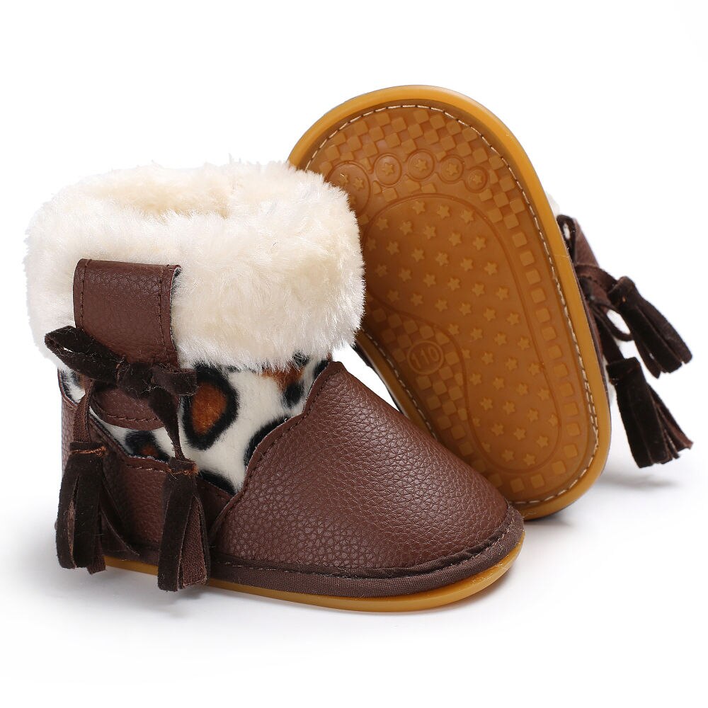 Newborn Moccasins Infant Toddler Baby Girls Snow Boots Winter Rubber Thick Snow Plush Boots Leopard Print Keep Warm Shoes 0-18M