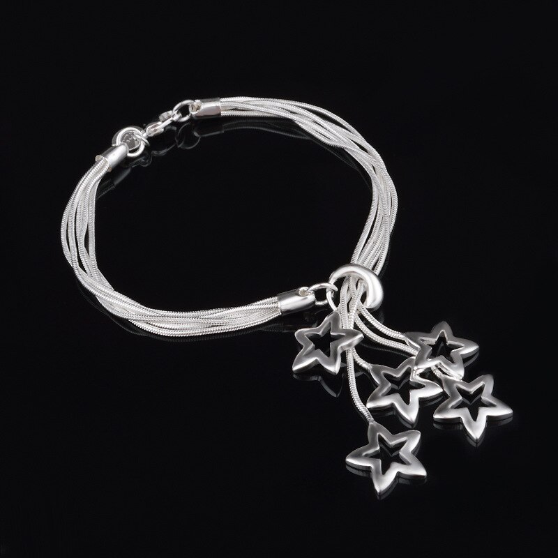 OMHXZJ Persoonlijkheid Mode OL Vrouw Meisje Zilveren Multi Lijnen Hollow Star Charm 925 Sterling Zilveren Armband BR42