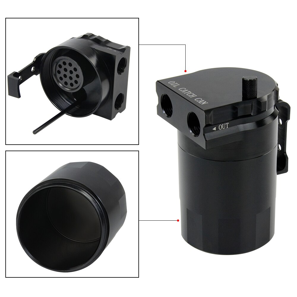 Universal Aluminum Oil Catch Can Oil Filter Tank Round Reservoir Oil Drainer with 11mm/15mm Fittings and Oil dipstick PQY-TK63