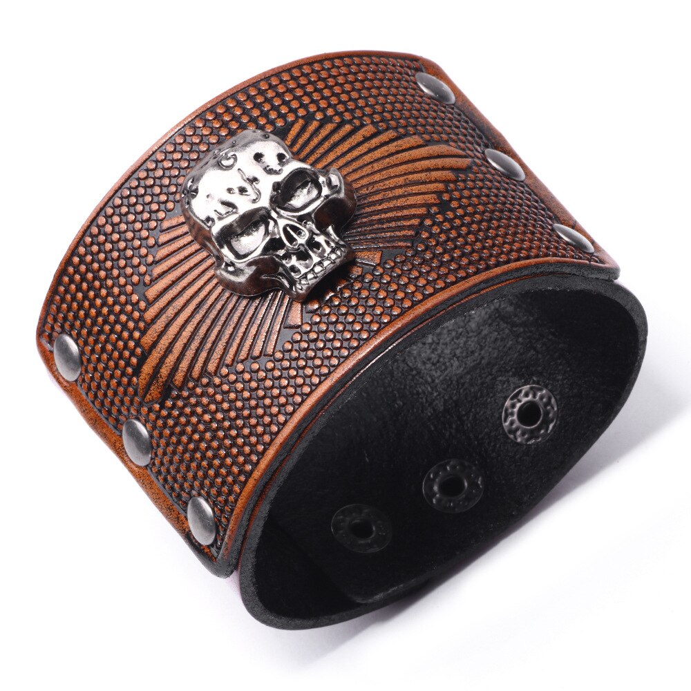 Rock Punk Lederen Armband Voor Heren & Dames - Brede Zweetband In Zwart Echt Leer Met Legering