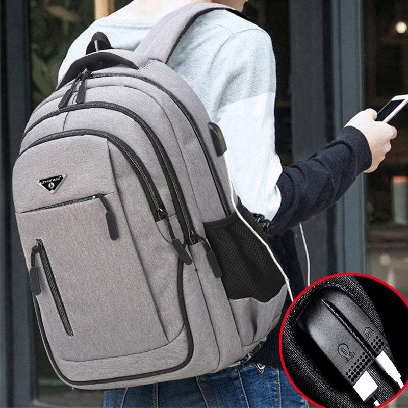 Big Capacity Men Backpack Laptop 15.6 Oxford Gray Solid High School Bags Teen College Student Backpack Multifunctional Backpack