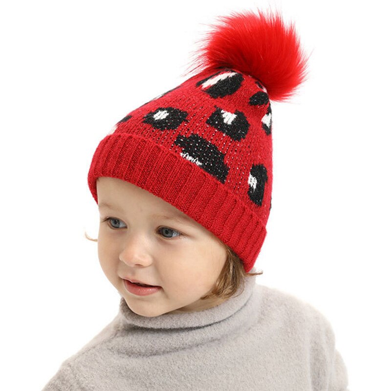 Pompom baby hatt leopard tryckt barn flicka pojke höst vinter mössa mössa mjuk stickad varma barn småbarn mössor keps