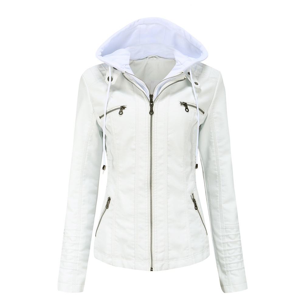 YJKDYK 2025 Lente Herfst vrouwen Lederen Jassen Capuchon Afneembare Rits Jas Vrouwelijke Zak Pure Kleur Motorjas: M / WHITE