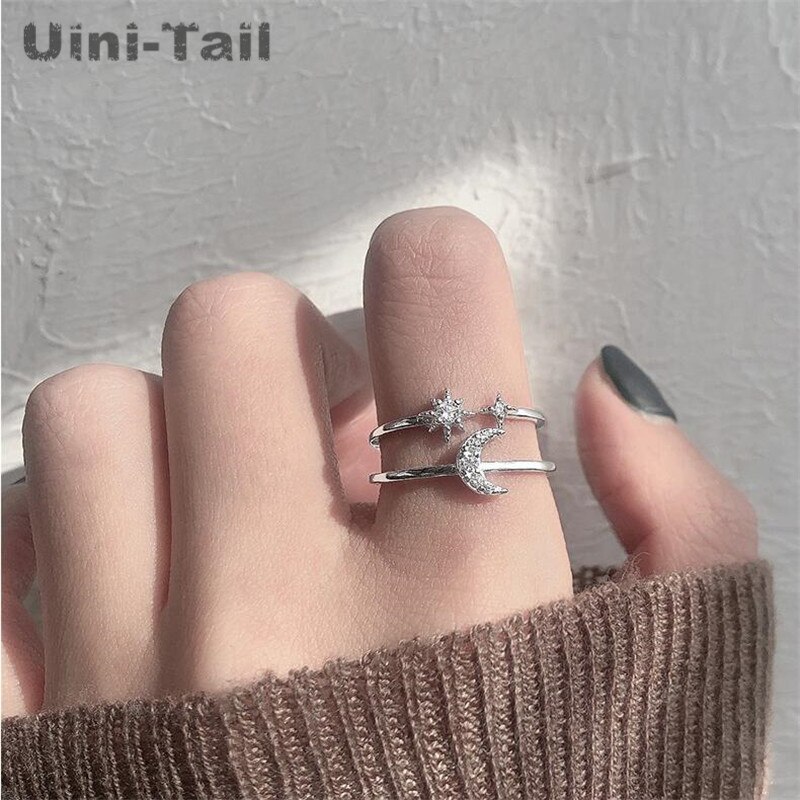 Uini-Tai neue 925 Sterling silber sterne mond doppel-schicht Mikro-einstellen offenen Ring Trend süße dynamische