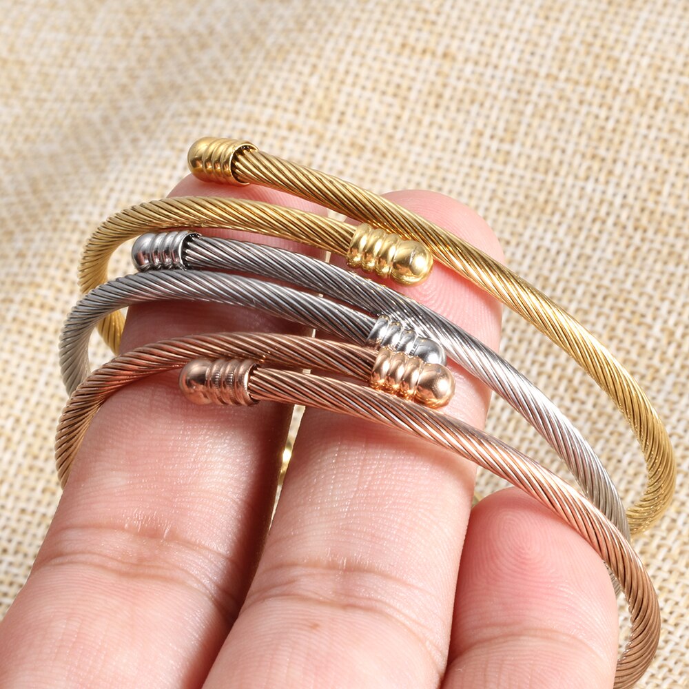 Stainless steel Cable Wire Cuff Bangle Women Beads Charm Adjustable Opening Bracelets Bangles Jewelry