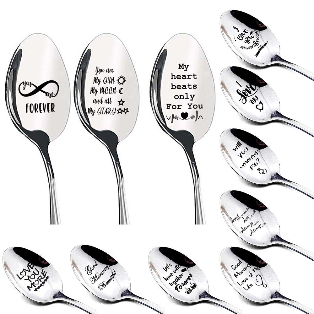 Valentine Dessert Spoon Household Use Teaspoon Year Coffee Spoon Lettering Long Handle Coffee Tea Ice Cream Tableware