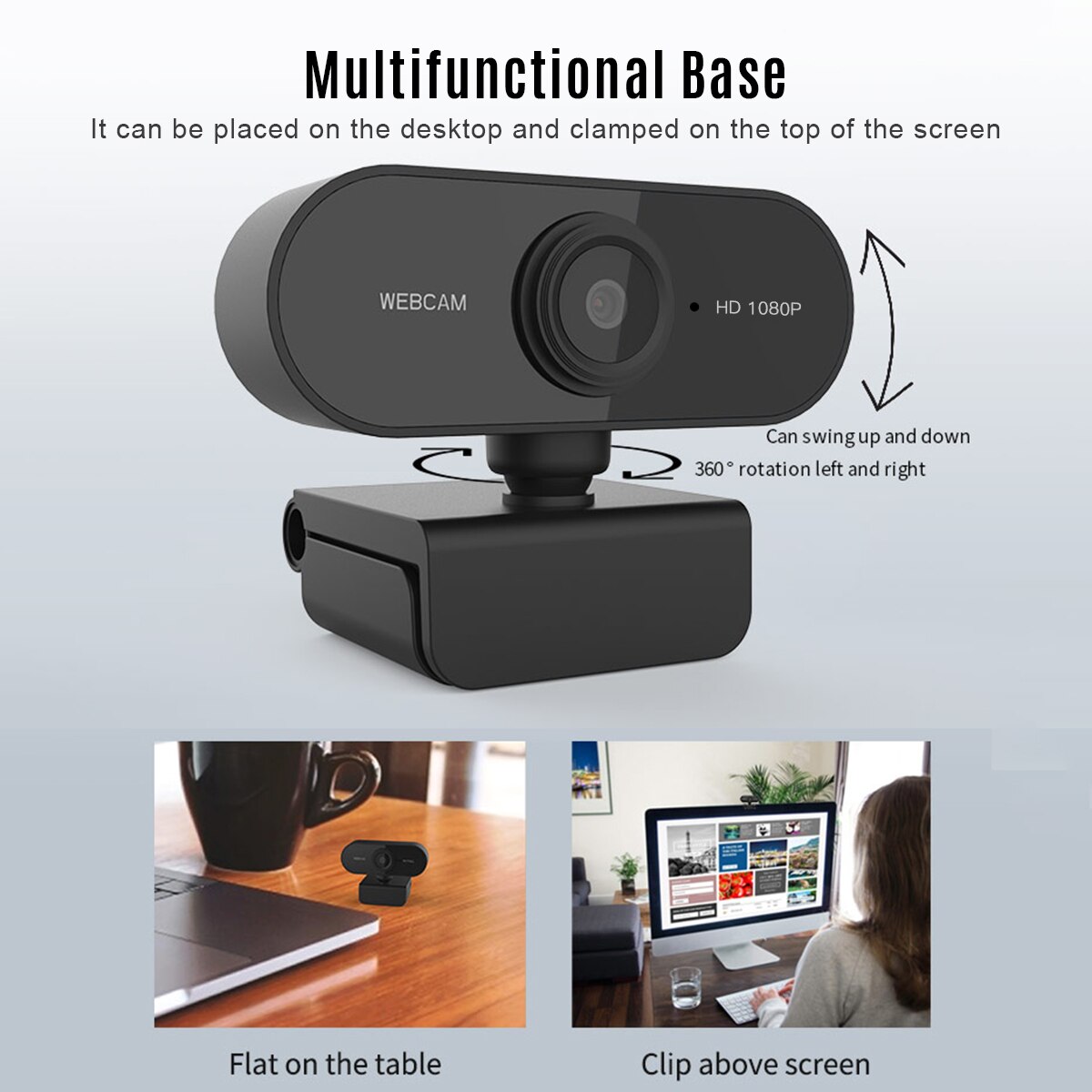 1080P HD Computer Camera Video Conference Camera Webcam 2 Mega Pixel Auto Focus 360° Rotation USB Plug & Play with Microphone