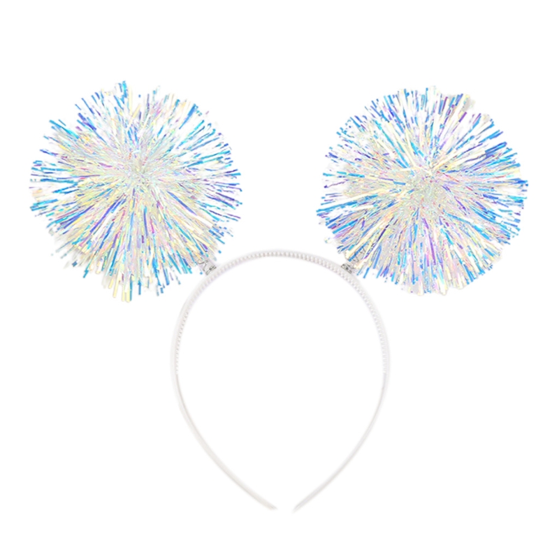 Serre-tête en plastique brillant pour femmes et filles, bandeau en forme de pompon brillant, cerceau pour cheveux de Festival, pour fête, spectacle, couvre-chef unisexe M6CE: White