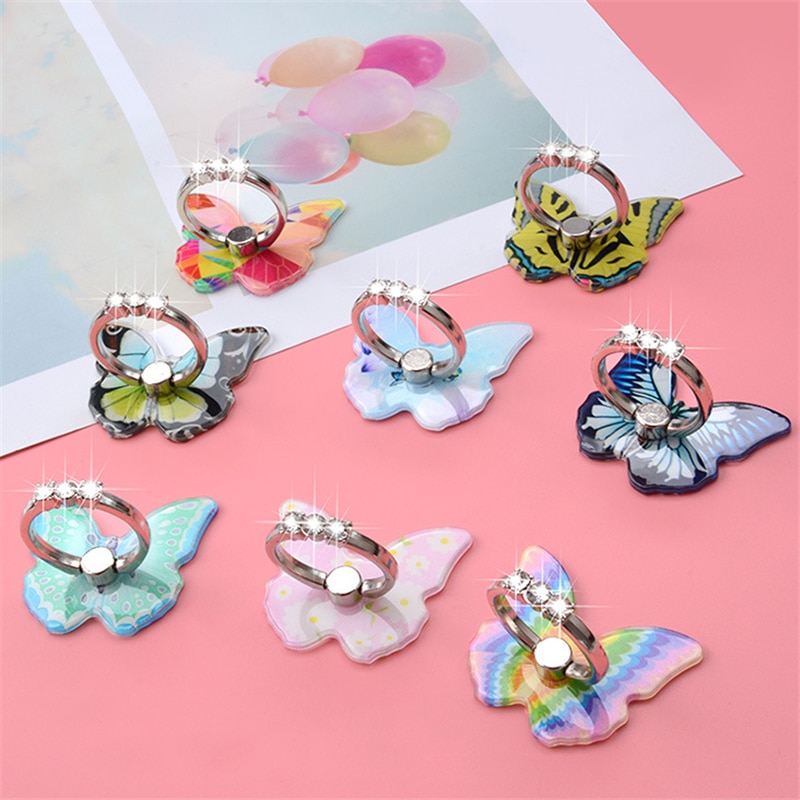 Butterfly Metal Mobile Phone Holder Stand Car Mount Stand Rhinestone Finger Ring Smart Phone Stand Holder For Iphone All Phone