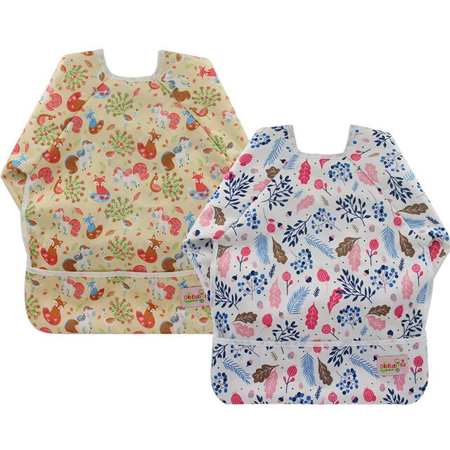2-Pack Baby Slabbertjes met Mouwen - Waterdichte Voedselslabber met Zak - Dierenprint: Zy3943
