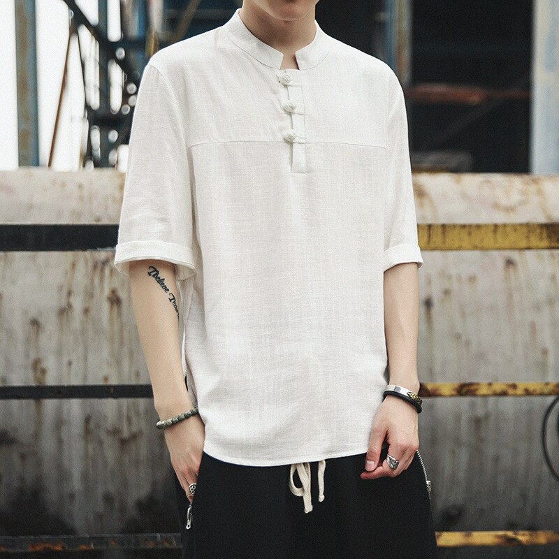 Sommer kortermet lin t-skjorte menn kinesisk stil knapp pluss størrelse løs bluse mannlig tradisjonell hanfu kung fu t-skjorter antrekk: Hvit / Xl