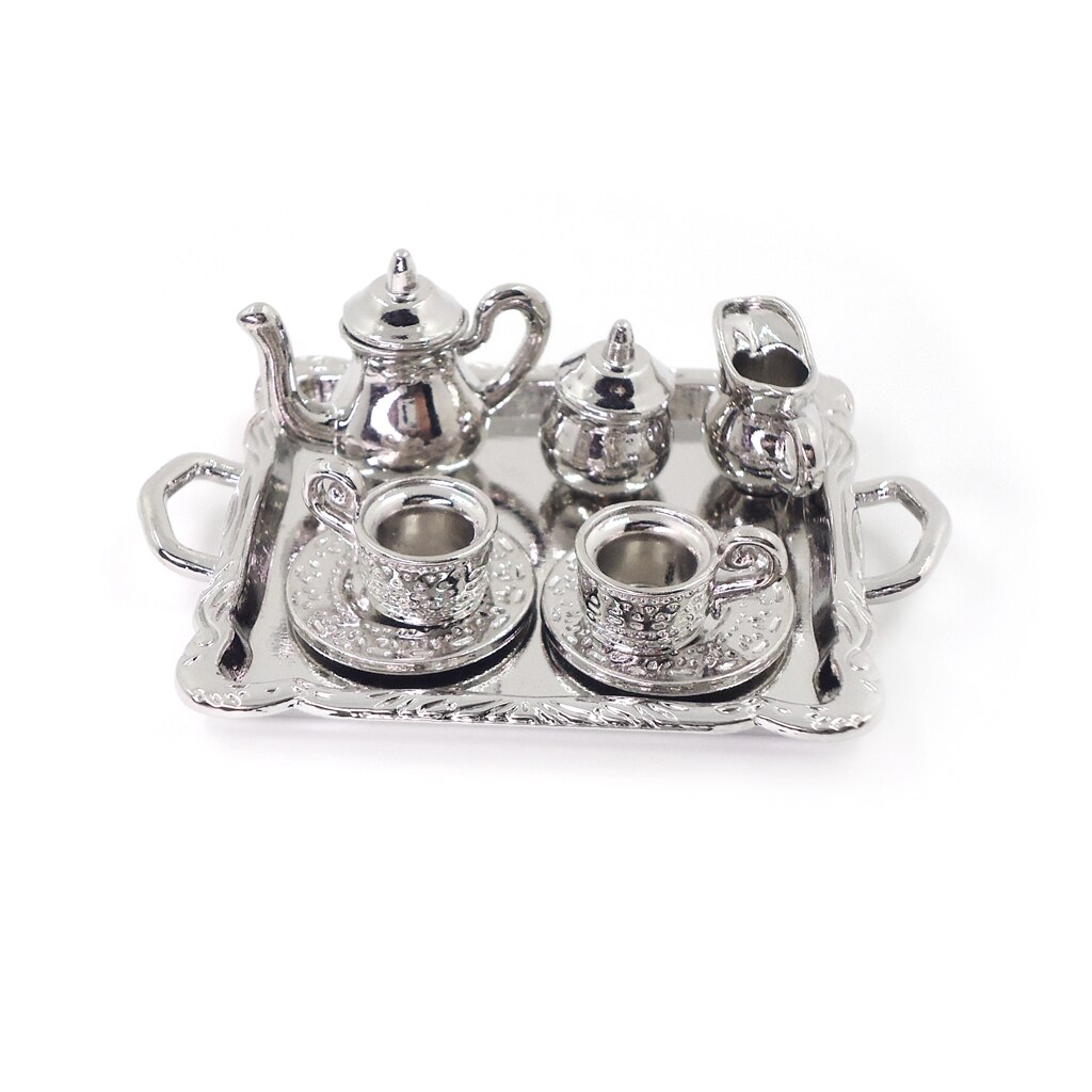 10 Pcs 1/12 Dollhouse Miniatuur Zilveren Metalen Thee Koffie Lade Servies Set