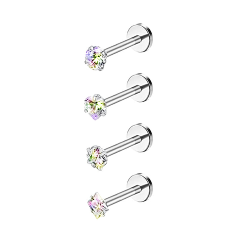 4PCS Heart Crystal Tragus Piercing Earring Set Flat Labret Piercing Set Lip Ring Lot Conch Cartilage Stud Helix Lobe Earring Set: black / Black Gun Plated