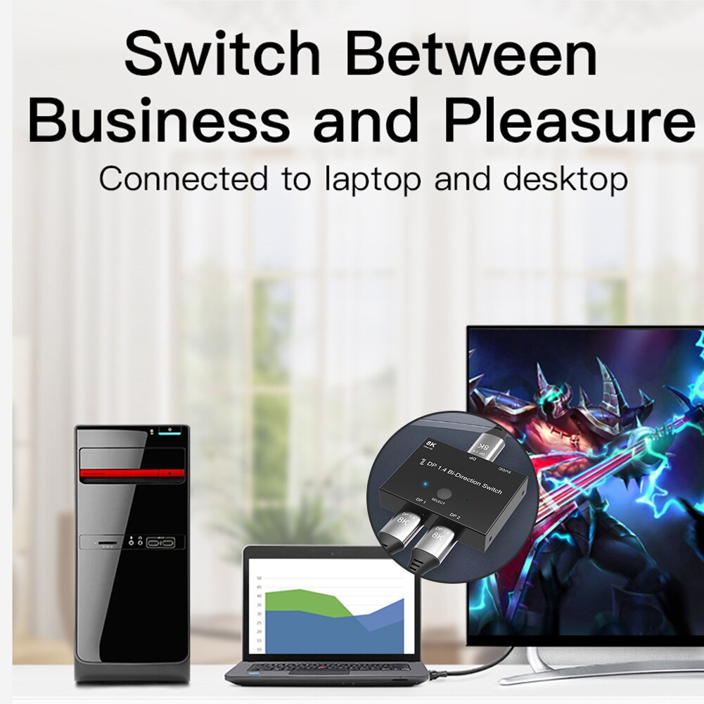 Displayport Splitter DP1.4 Switch Ports Bi-direction 1x2 / 2x1 Displayport Switcher Ultra HD 8K@30Hz 4K@120Hz for PS4 Xbox HDTV