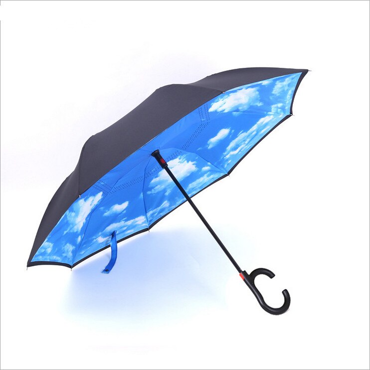 Halvautomatisk dobbeltlag inverteret vindtæt c-krog hænder regn bil omvendte paraplyer