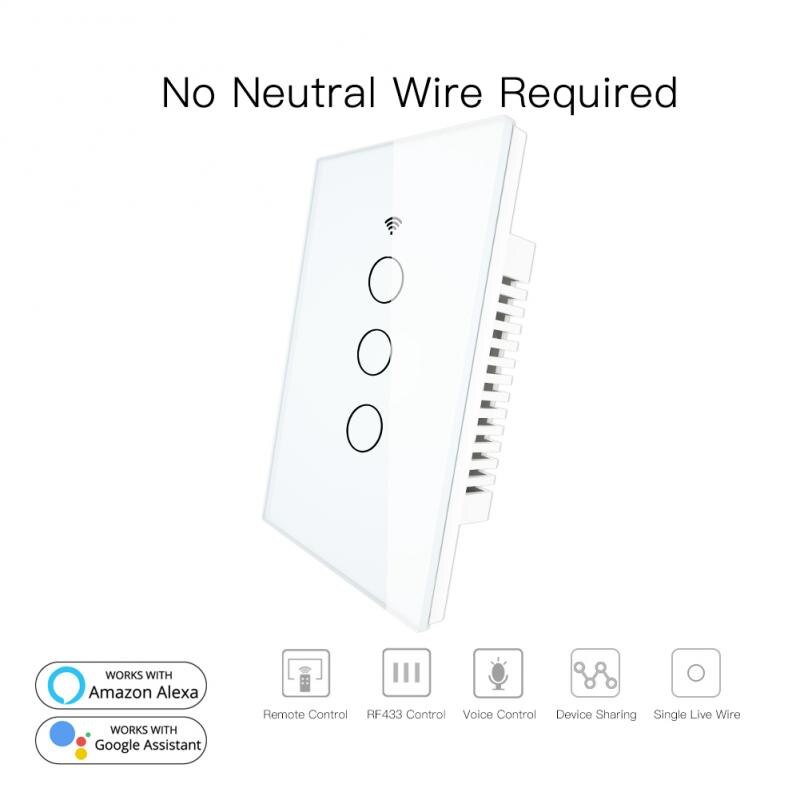 Tuya/Smart life APP Smart Wall Touch WiFi Switch 170-250V No Neutral Wire Needed Smart Home Automation Google Home Alexa Voice: 3 Gang