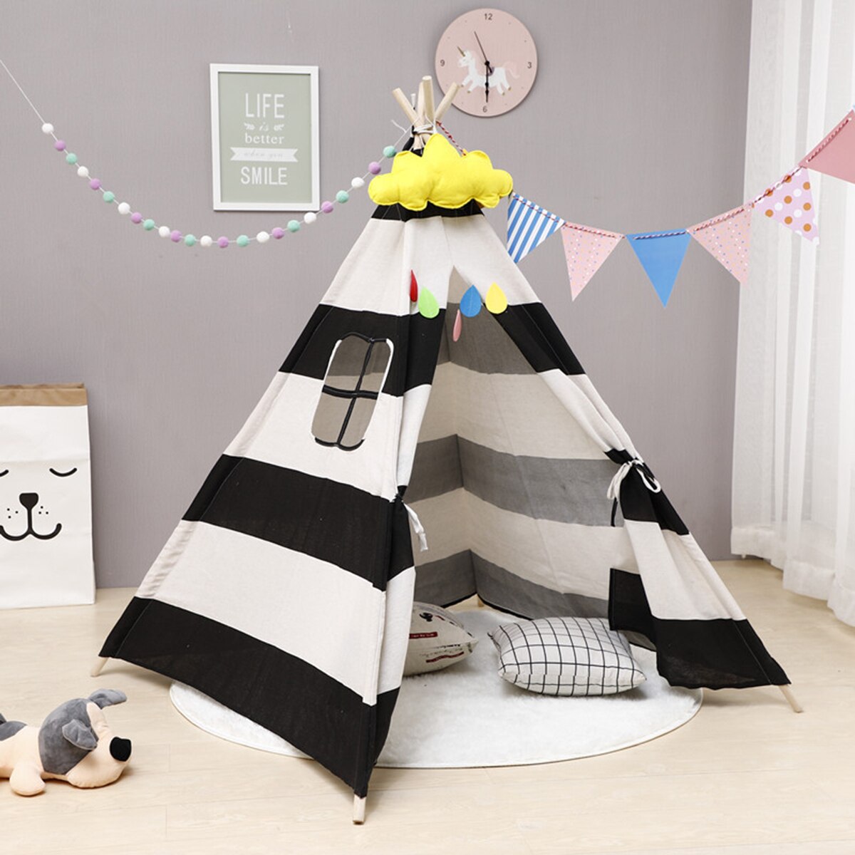 1.35M-1.8M Baby Tents Teepee Triangle Tent Kids Playhouse Cotton Canvas Pretend Play Tent Decoration Game House Boy Girls: 1.8M Black white