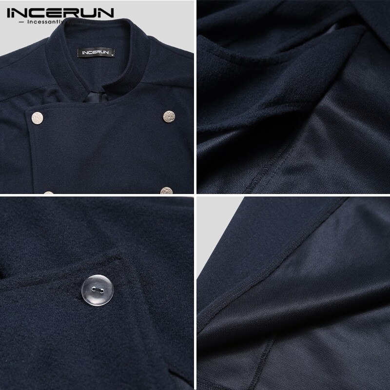 Men Cloak Coats Solid Color Double Breasted Trench Faux Fleece Blends Cape Stand Collar Mens Jackets Streetwear INCERUN