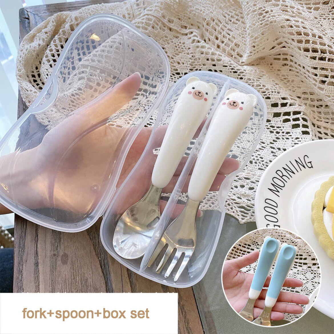 Kawaii Bear Cutlery Set Ceramics Handle 304 Stainless Steel Spoon and Fork Set Kitchen Dinnerware Flatware for Kids Adults: fork spoon set blue