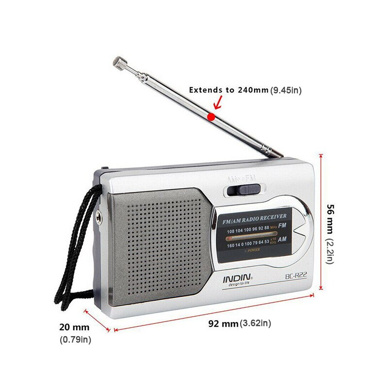 INDIN BC-R22 Pocket Radio Telescopic Antenna Mini AM/FM 2 Band World Receiver with Speaker 3.5mm Earphone Jack Portable Radio