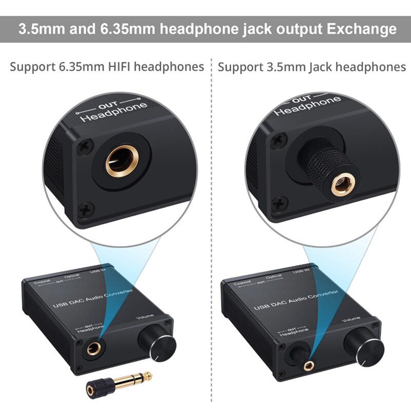 Adaptador convertidor de Audio USB DAC con amplificador de auriculares USB a Coaxial S/PDIF Digital a analógico, tarjeta de sonido de Audio de 6,35mm