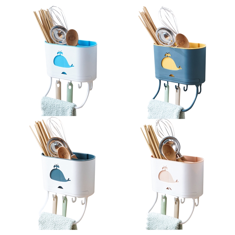 Multi-use Kitchen Organizer Wall Mounted Utensil Rack Flatware Drying Rack Sink Caddy with Hooks &amp; Towel Rack Punch-free