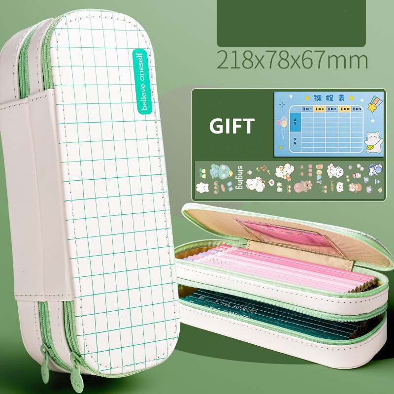 Double check canvas pencil case cute stationery box Large capacity Pencil cases for student pen case kawaii school supplies: Green