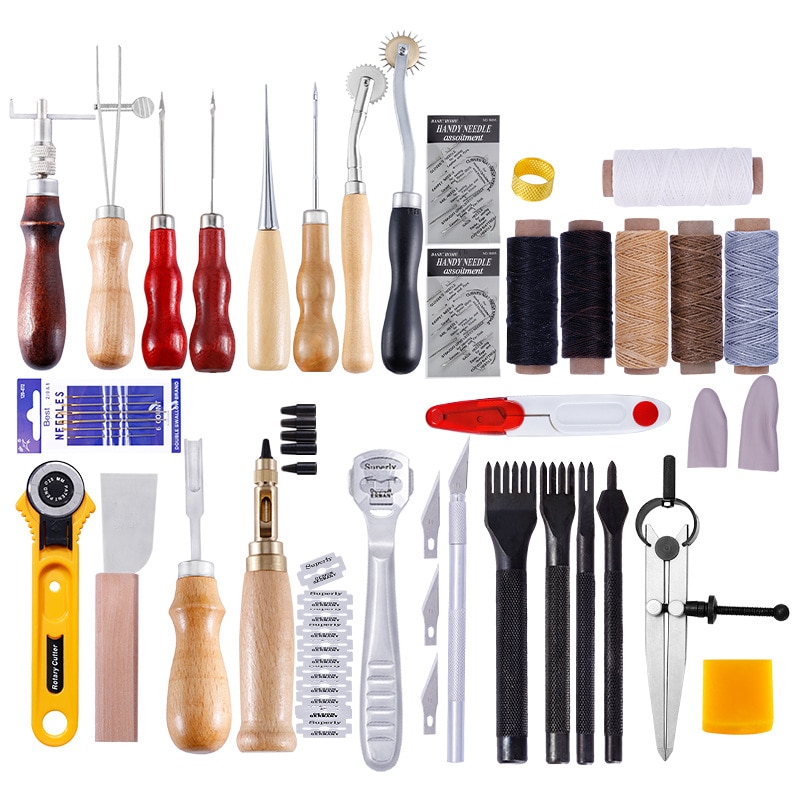 Leather Craft Tools Kit Hand Sewing Stitching Punch Carving Work Saddle DIY Leathercraft Sewing Set