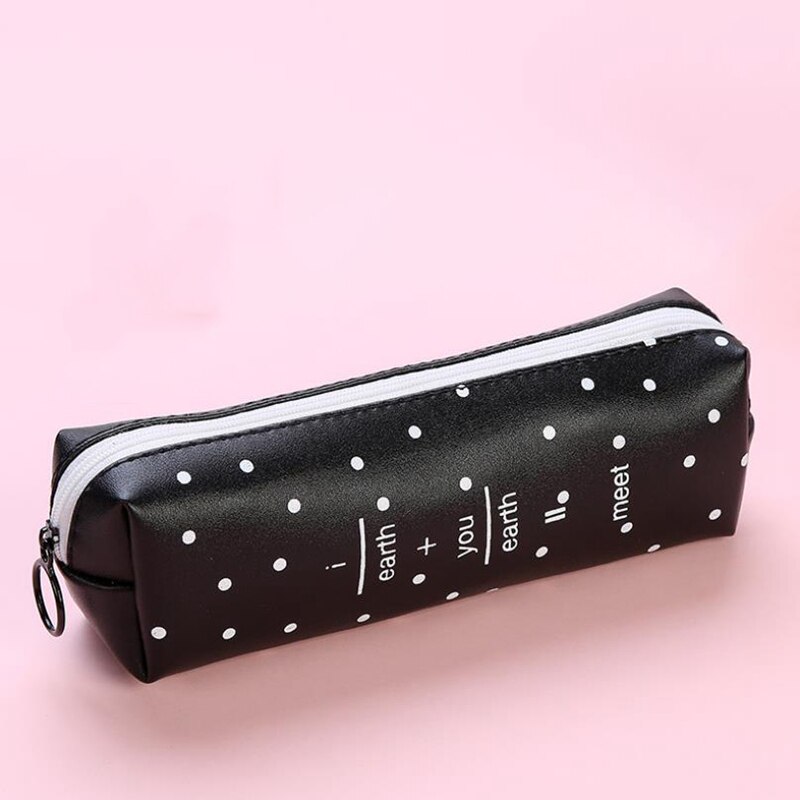 Cartuchera de cuero de PU con puntos blancos y negros, bonita cartuchera con letra rosa para niñas, bolsa para bolígrafos, bolsa de papelería, suministros para oficina y escuela: Black wave point