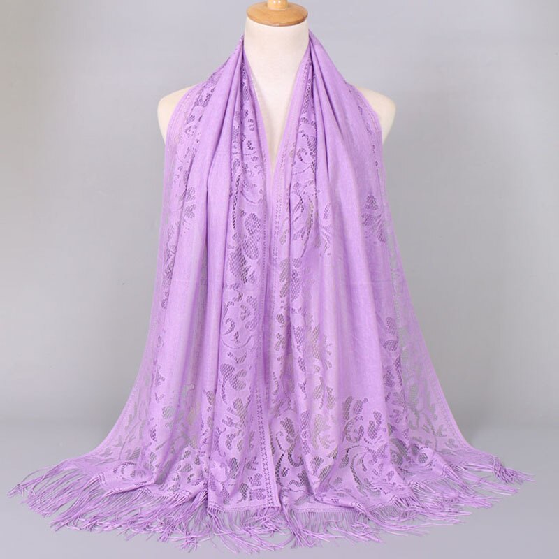 Hollow Out Flower Lace Hijab Sjaal Vrouwen Effen Kleur Vlakte Moslim Hoofd Haar Sjaals Wraps Winter Wit Zwart Rood: Licht Paars