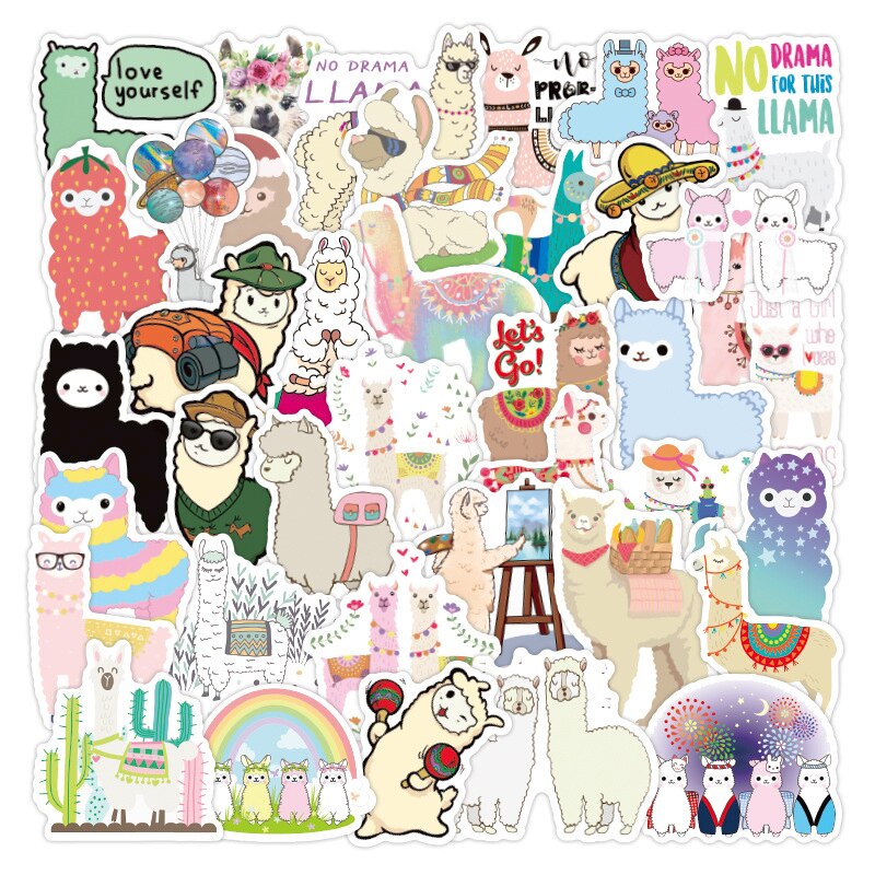 50 Stks/pak Leuke Cartoon Alpaca Waterdichte Label Stickers Voor Koelkast Auto Helm Diy Geschenkdoos Fiets Notebook Skate Kofferbak