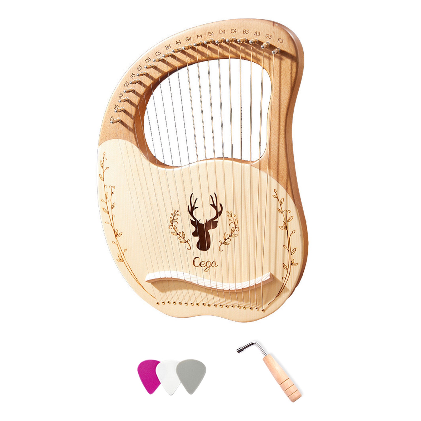 19-- snarige houten lier, harp, klankkast, snaarinstrument met stemsleutel, set van 3 plectrums