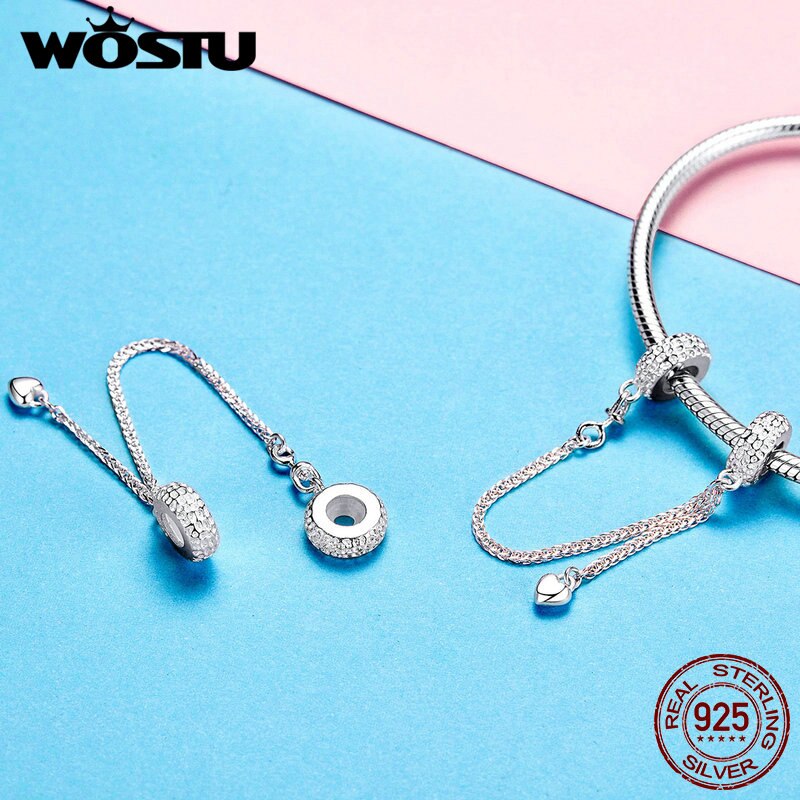 WOSTU Real 925 Sterling Silver Heart Charm Safety Chain Bead Fit Original Bracelet Necklace Pendant For Jewelry Making CQC1112