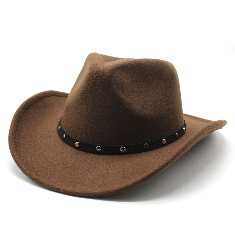 Wool Women Men Western Cowboy Hat Punk belt Gentleman Cowgirl Bowler Cap Jazz Church Cap Sombrero Hombre: Brown