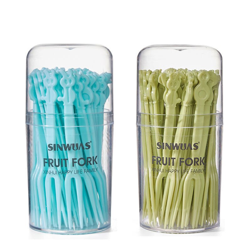 Fruit Fork Set Fruit Stick Disposable Plastic Two Teeth Home to Eat Fruit Cake dessert cha Snacks Small Fork: Green   Blue  100 Pieces in 2 Boxes