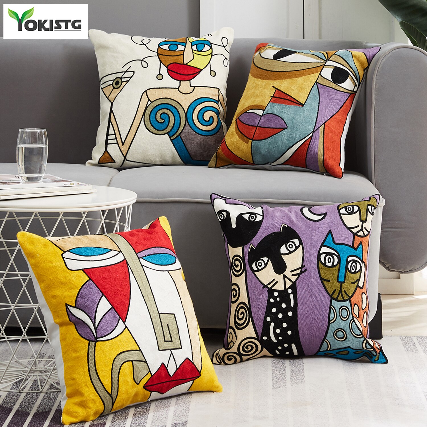 YokiSTG Kussenhoes Picasso Geborduurde Decoratieve Gooien Kussenslopen Abstracte Creatieve Decoratie Voor Thuis Bank Auto Covers