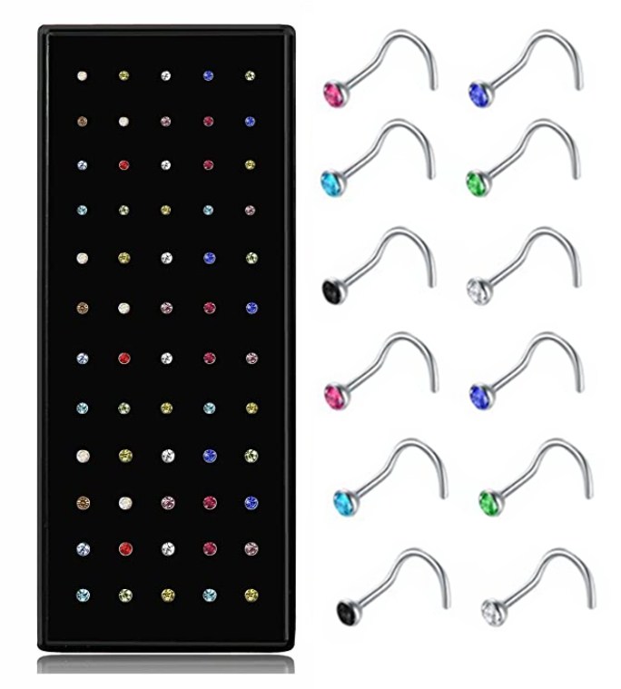 Pack de clous de nez en acier inoxydable, 40/60 pièces, cerceau de perçage de nez en cristal en vrac, ensemble d'anneaux de nez en forme de L, Piercing courbé, bijoux pour le corps: Black / Couleur jaune clair