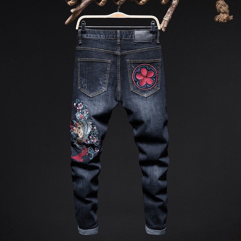Pantalones vaqueros rasgados para hombre, jeans ajustados con bordado de carpa, ropa de calle, elásticos, ajustados, para motocicleta