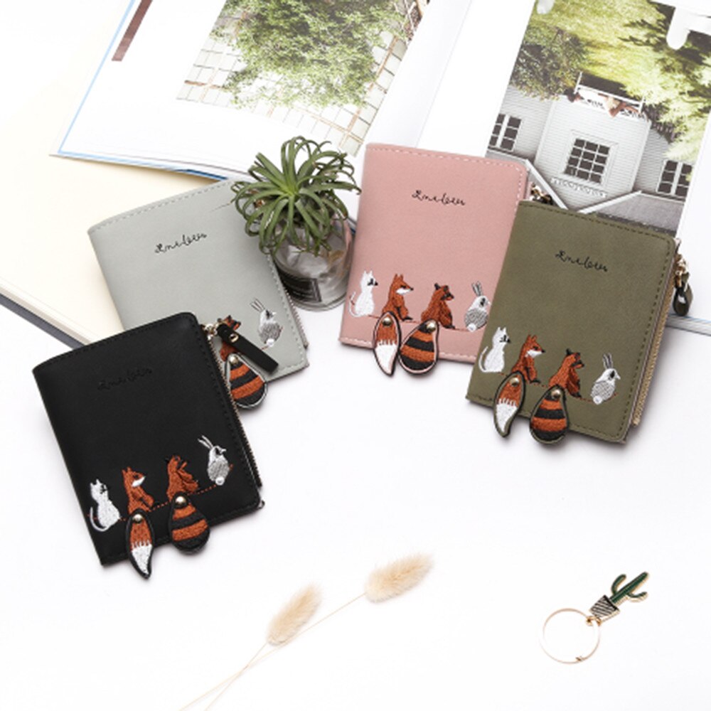 Damesportemonnee met schattige cartoondieren, kort leren damesportemonnee met rits, kaarthouder voor meisjes