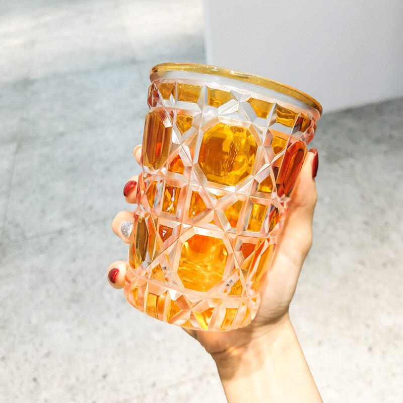 Diamond Whiskey Glass Beer Glass Water Glass Crystal Cut Glass Ins European Style Glass Luxury Simple Coffee Crystal Glass: Orange 380ml-1pc