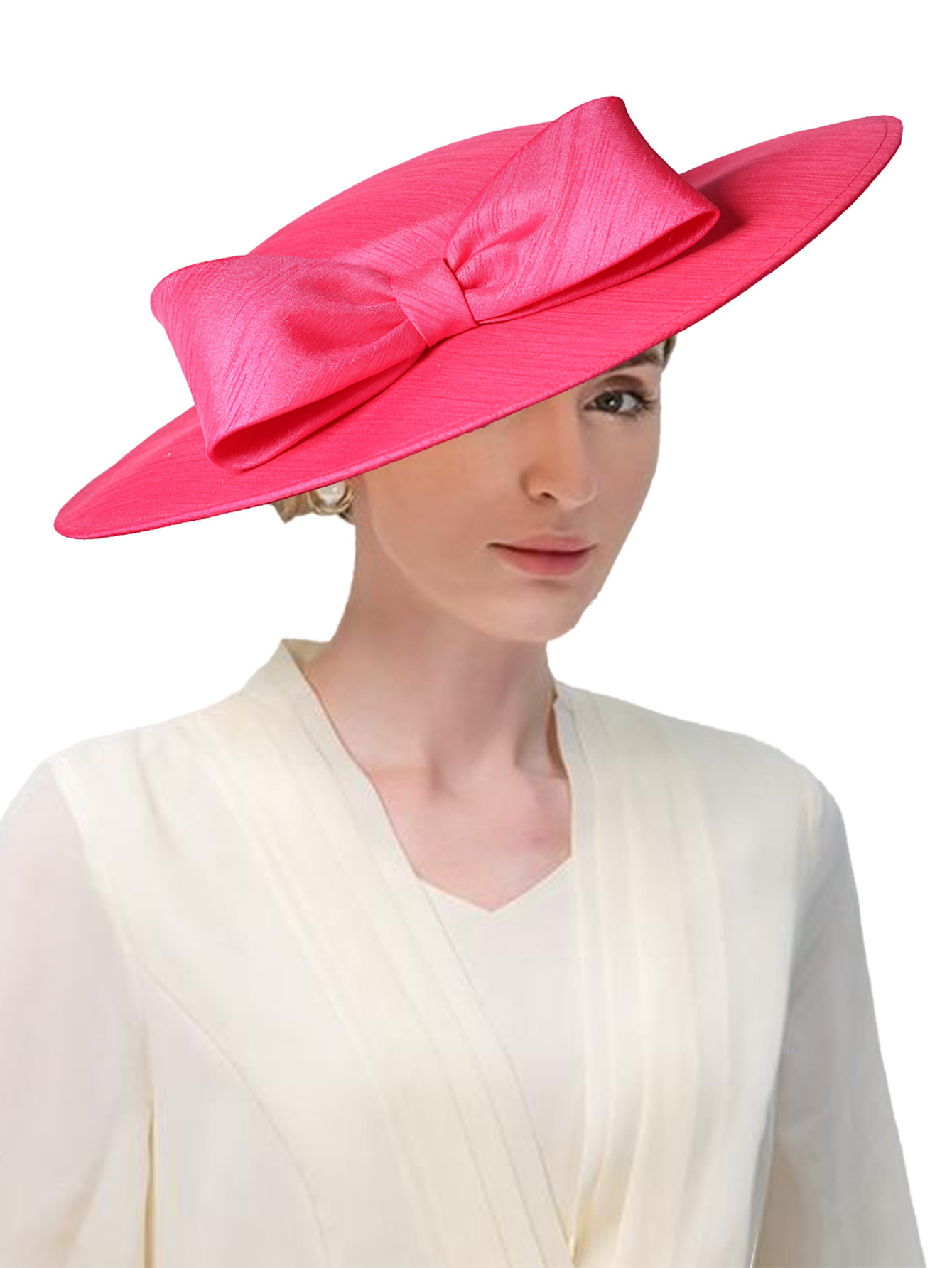 Tocados de ala ancha para iglesia, sombreros para mujer, lazo grande, gorra Formal de Kentucky, sombrero de fieltro plano para de té nupcial y boda: Rojo rosado