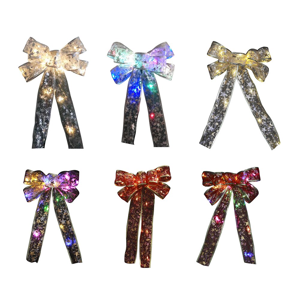 Nœud papillon de noël imprimé brillant avec lumières LED, ornements d&#39;arbre de noël, nœuds de ruban, de noël, décoration nouvel an