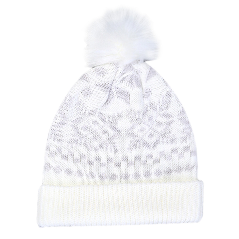 Women Christmas Snowflake Winter Knitted Beanie Hat Cute Fluffy Pompom Stretch Cuffed Skull Cap Ski Ear Warmer