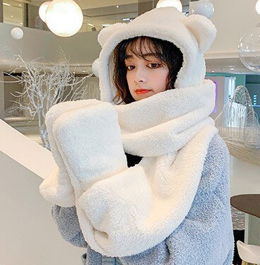 INS Bear – ensemble de gants et écharpes en peluche pour femme, chapeau et décontracté, en molleton solide, accessoires Kawaii, nouveauté hiver: White 3Pcs suit