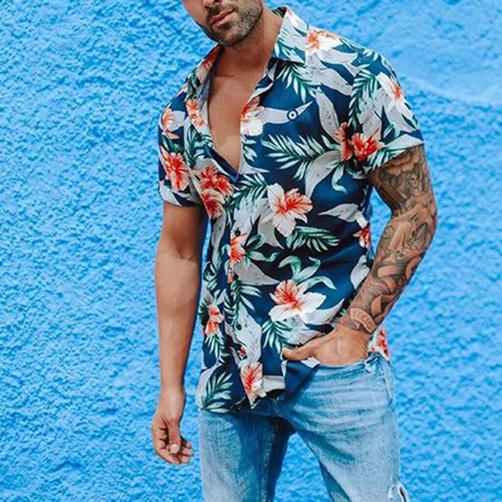 Summer Mens Short Sleeve cotton linen shirts Beach Hawaiian Shirts Casual Floral print Shirt Plus Size Men clothing#0428g30