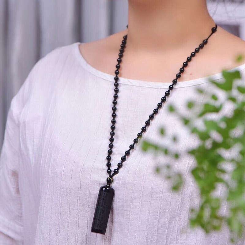 Black Obsidian Buddha Pendant Prajna paramita Sutra Buddha Necklace Pendant Men's Pendant Women's Jewelry With beads Chain