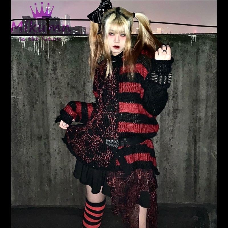 Gothic Punk Spider Patchwork Gestreepte Gebreide Trui Streetwear Lente Herfst Vrouwen Kleding